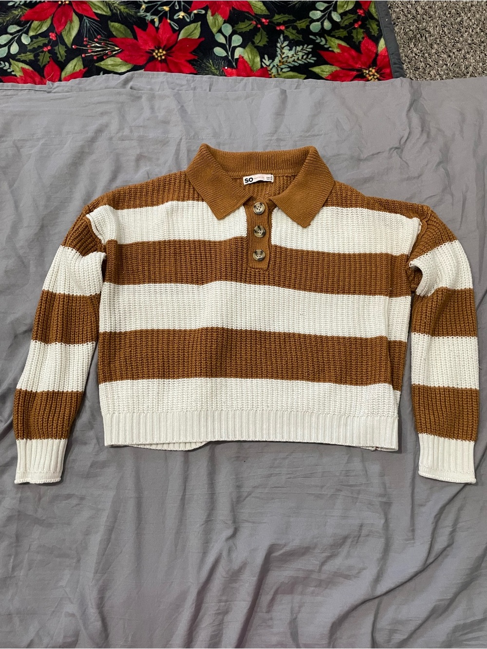 SO Cropped Striped Polo Sweater in Brown and Cream